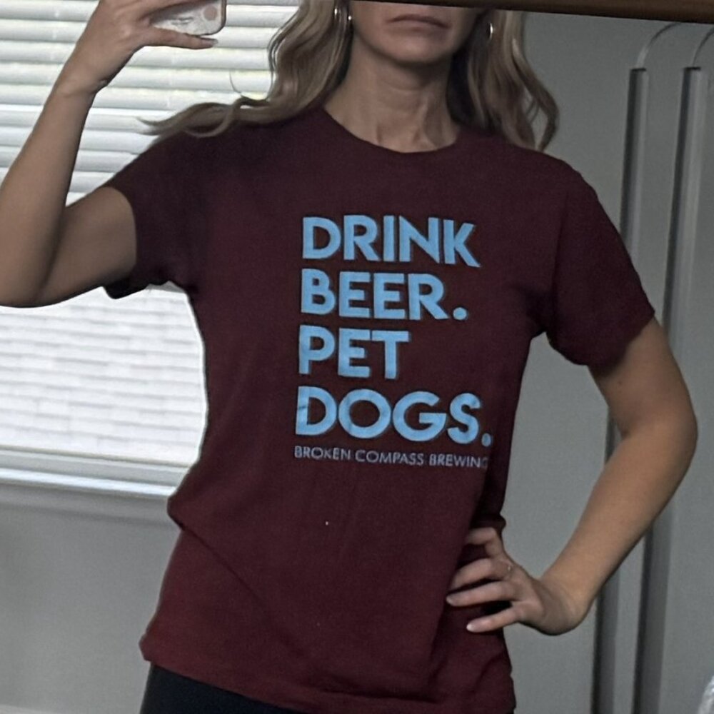 Maroon t-shirt, size small: Drink Beer. Pet Dogs.